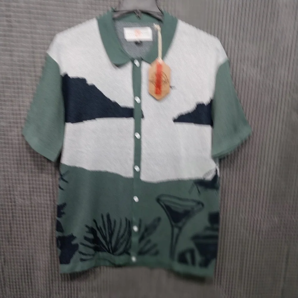 Free Planet Knit Button Down Scenic Jacquard Shirt Mens XL Green
